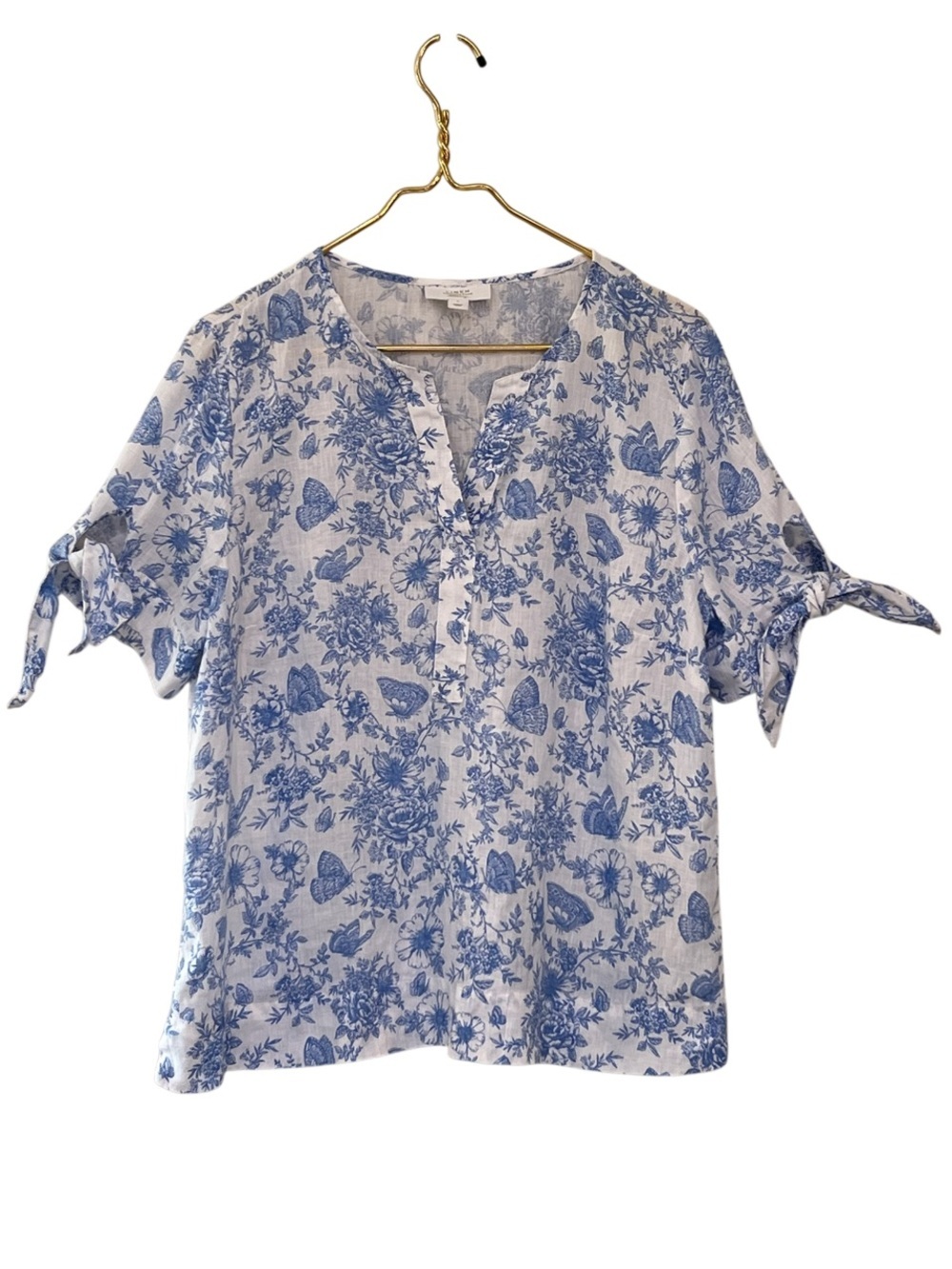 Charter Club Linen Blue Toile Floral V Neck Tie Sleeve Top Large